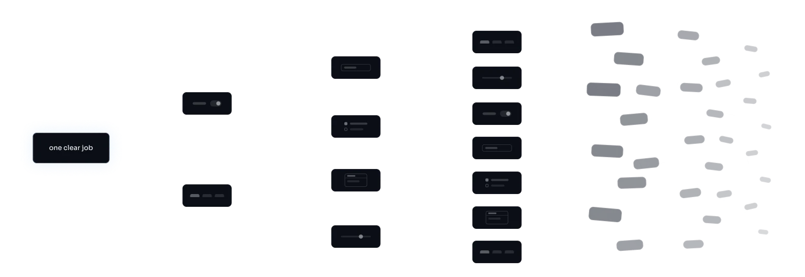One clear job branches into a toggle, then more tabs, then quick settings, advanced mode, custom roles and beta flags, fanning out into a dense tangle of controls.