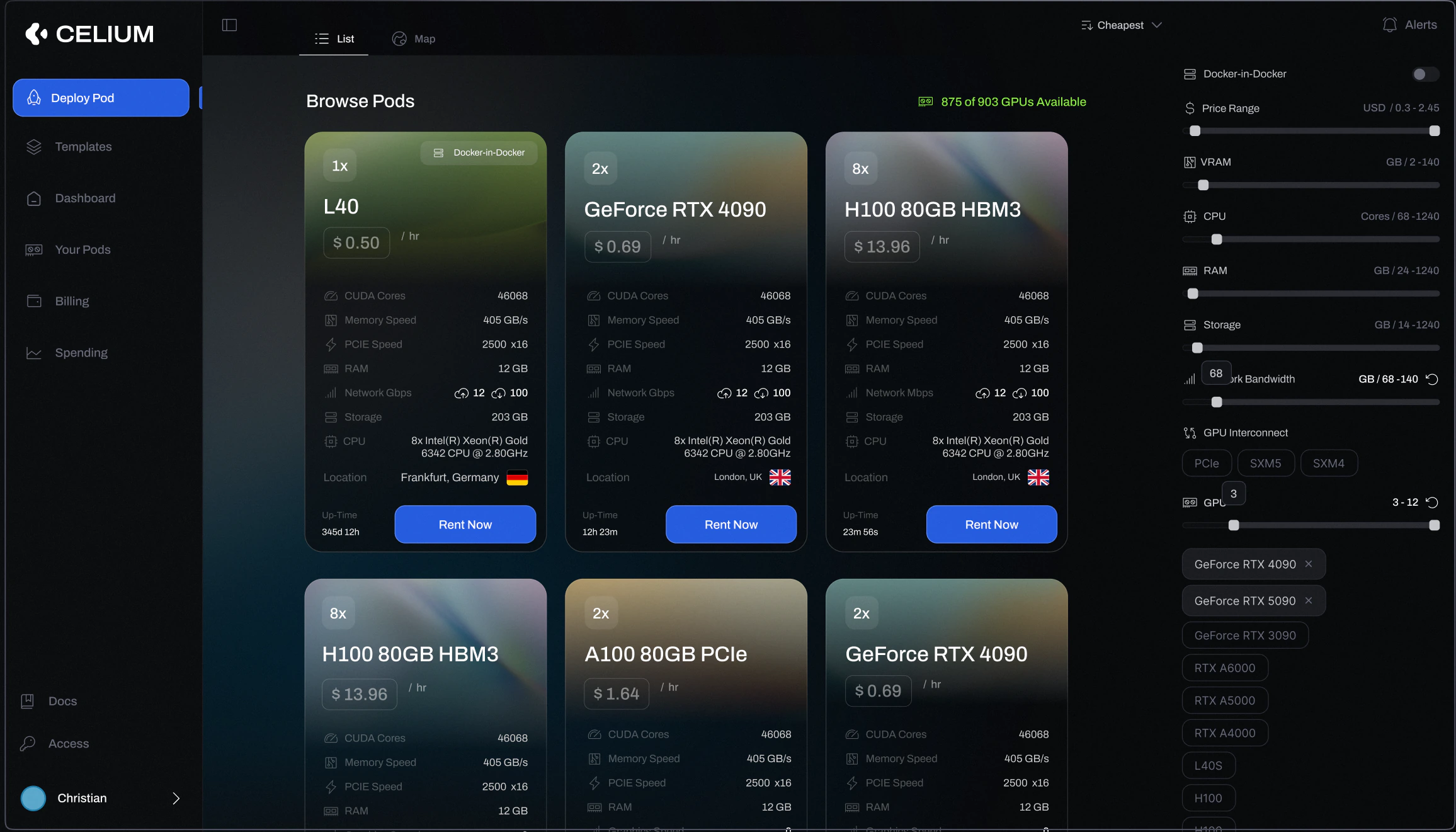 Celium dashboard — Browse Pods view with GPU cards and filters
