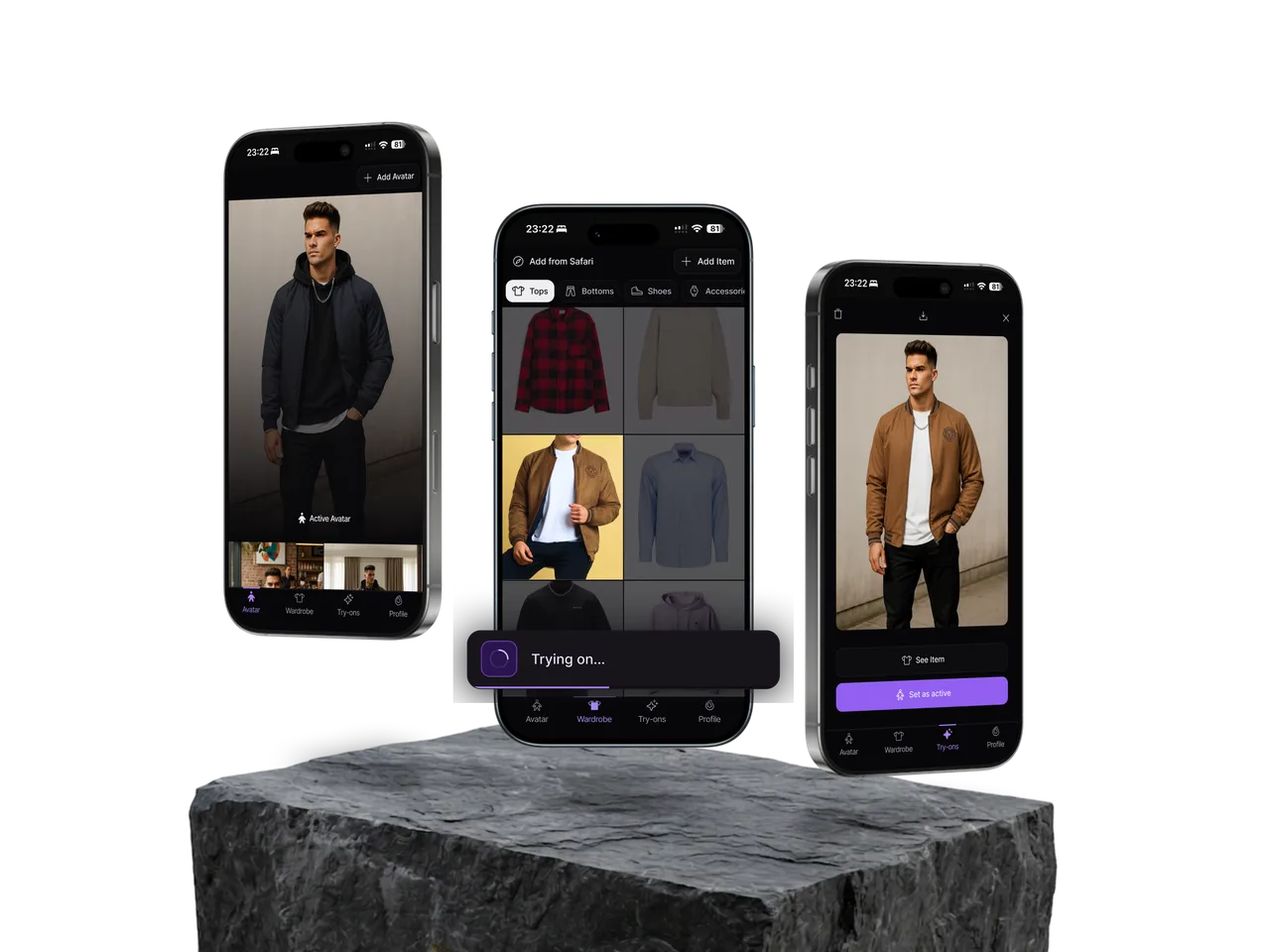 Drippler virtual try-on wardrobe app on three iPhones