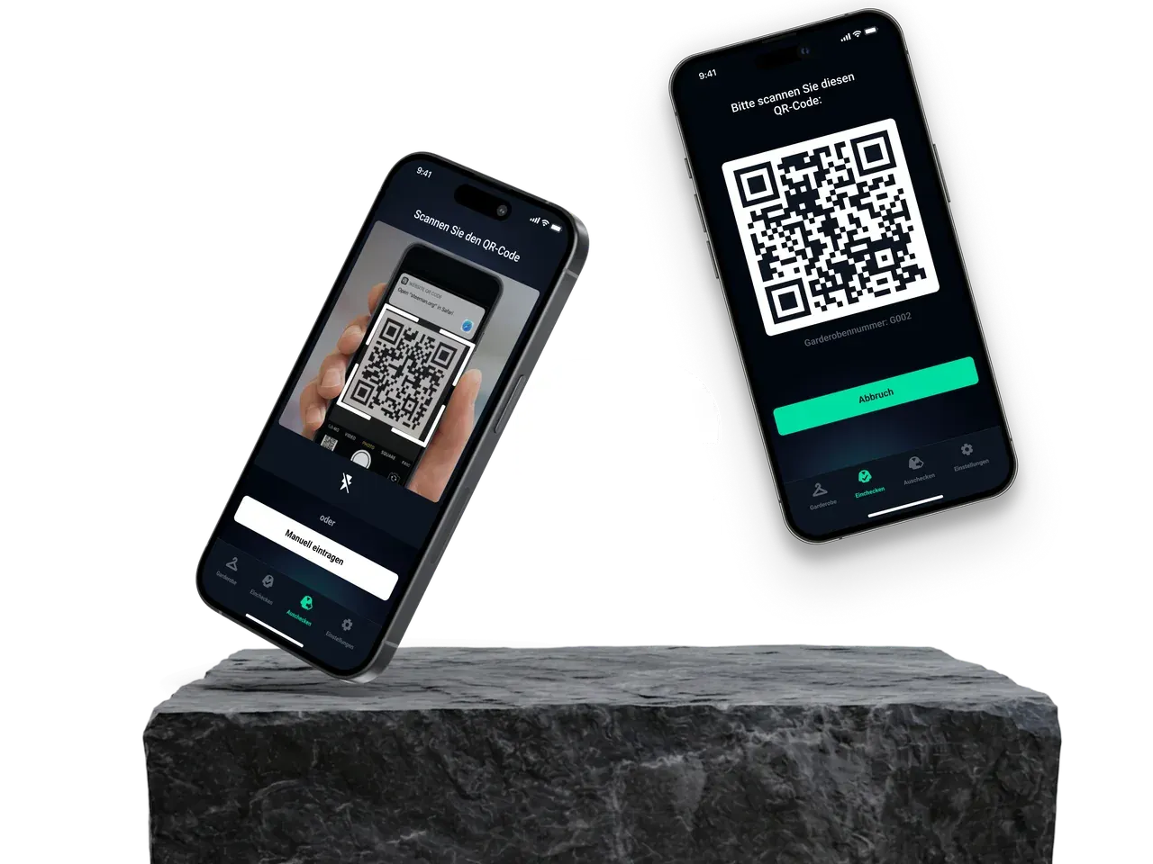 CloakQR QR-code cloakroom check-in on two iPhones
